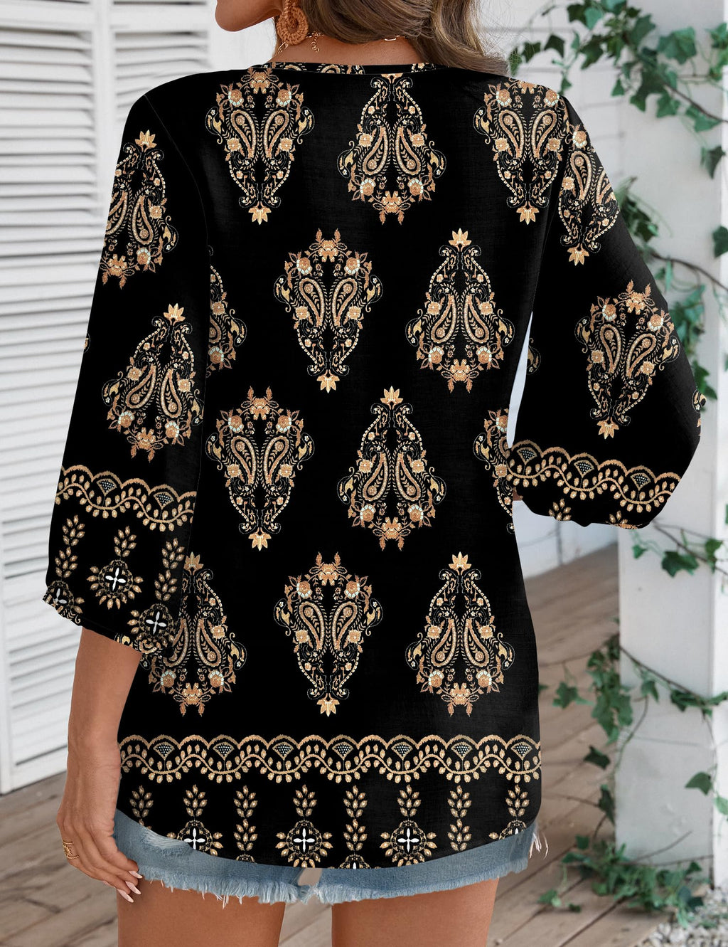 Rapbin Women Summer Boho Tops 3/4 Sleeve Pleated Blouses Casual V Neck Tie Front Spring Tunic Tops