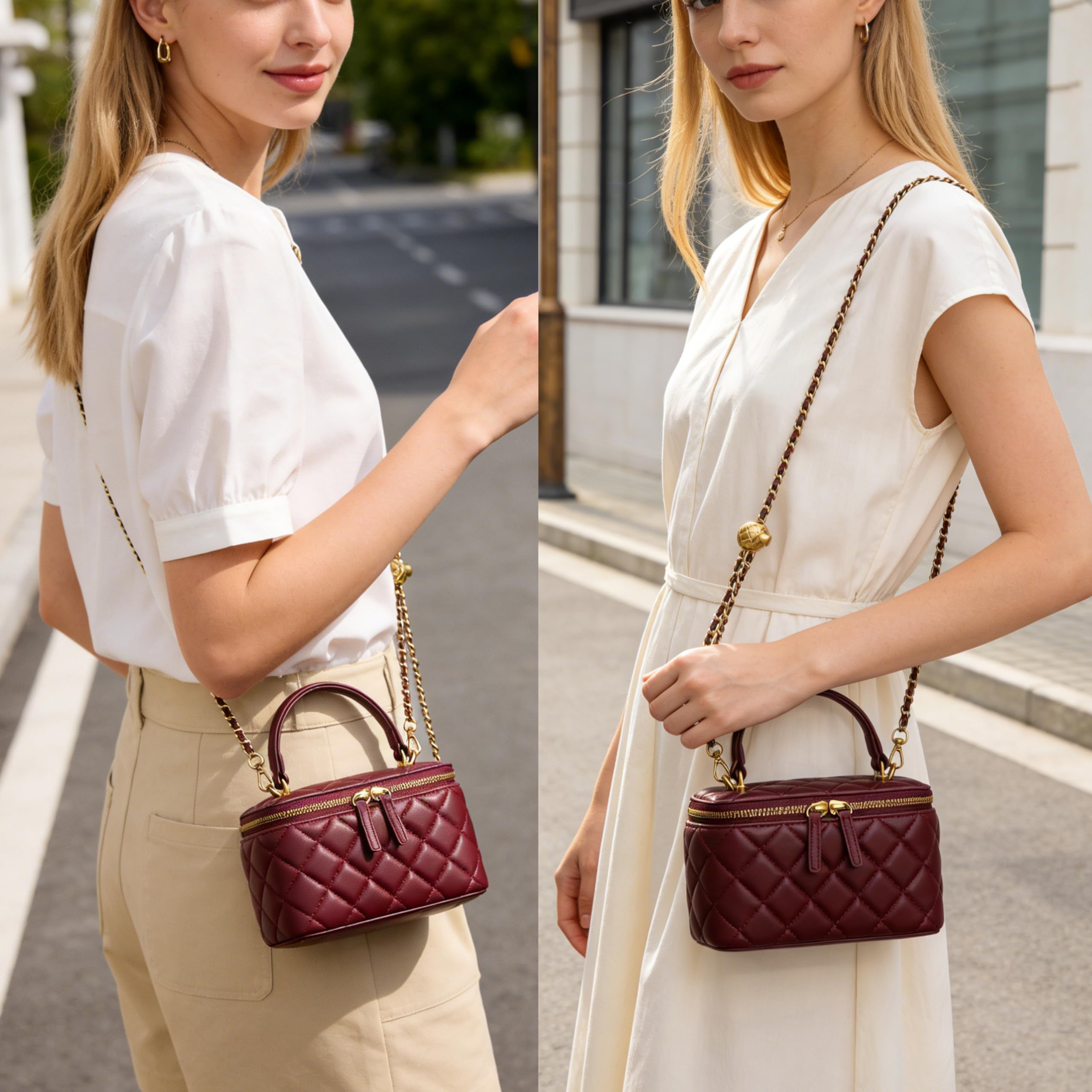 DORIS&JACKY Small Quilted Box Crossbody Purse For Women, Designer Lambskin Leather Mini Top Handle Tote Bag With Chain Strap