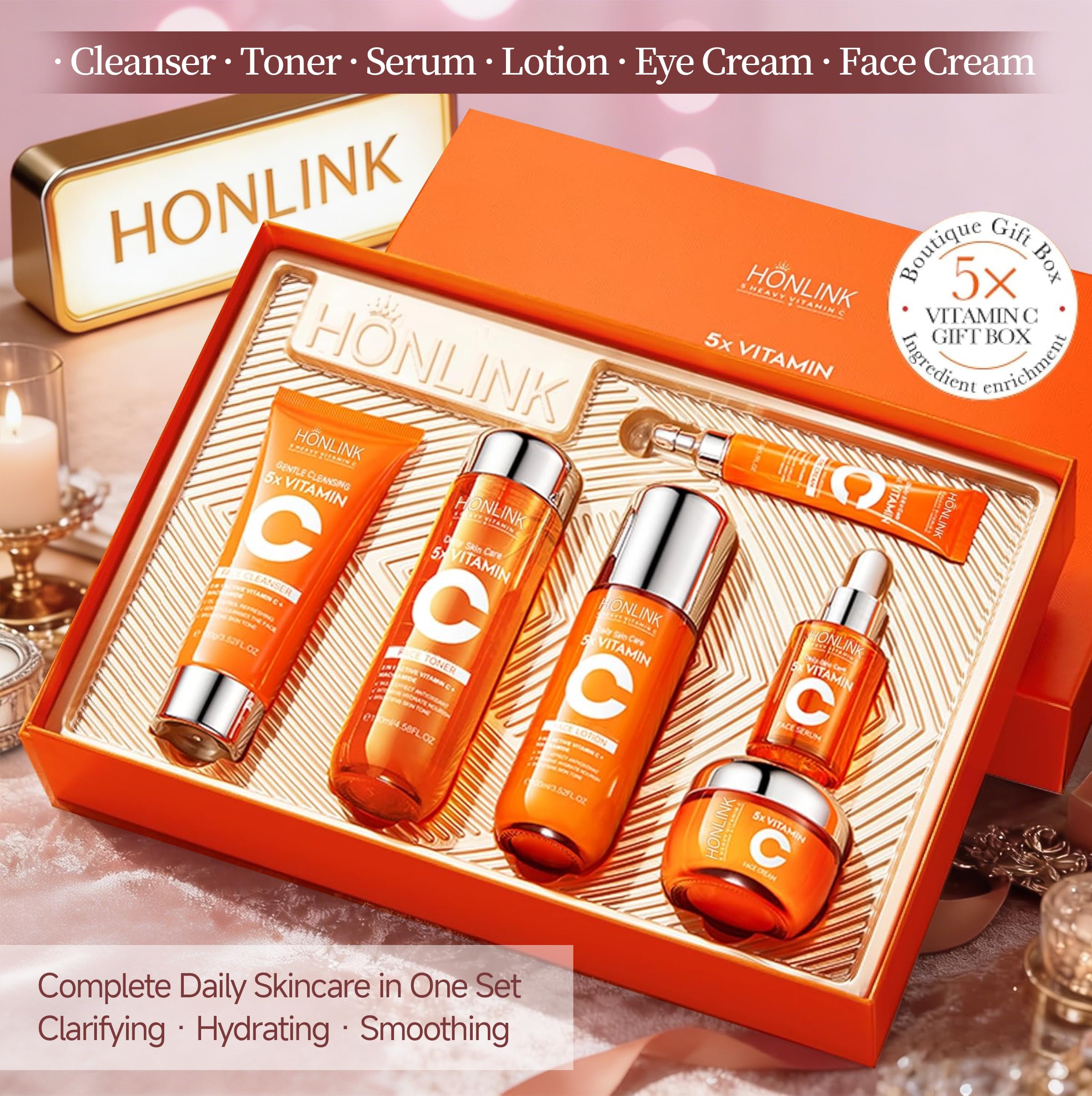 6-Piece Hydrating Skincare Set with Vitamin C & Niacinamide, Face Care Kit Includes Toner, Serum, Cleanser, Moisturizer, Eye Cream & Body Lotion | Mother’s Day Gift for Women
