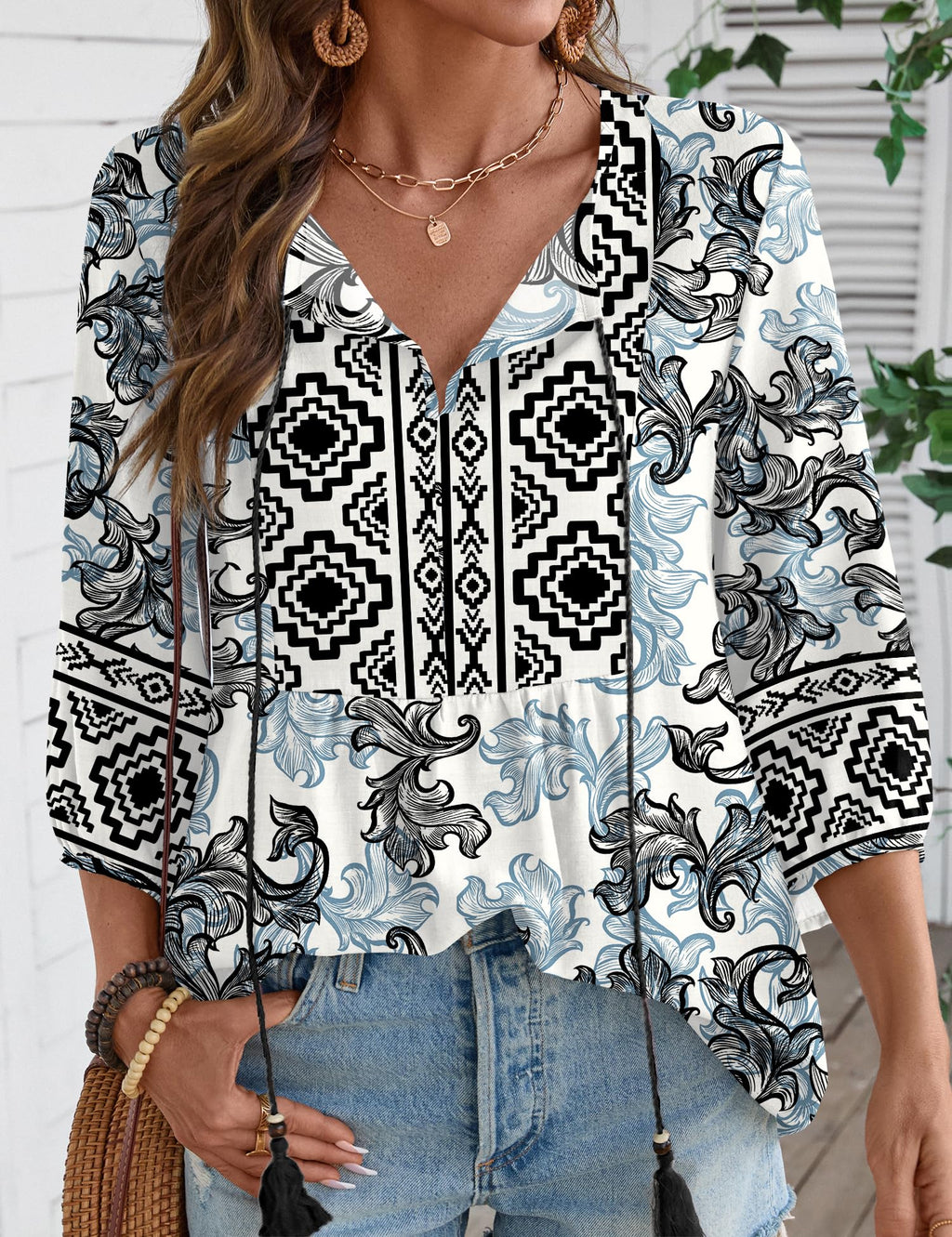 Rapbin Women Summer Boho Tops 3/4 Sleeve Pleated Blouses Casual V Neck Tie Front Spring Tunic Tops