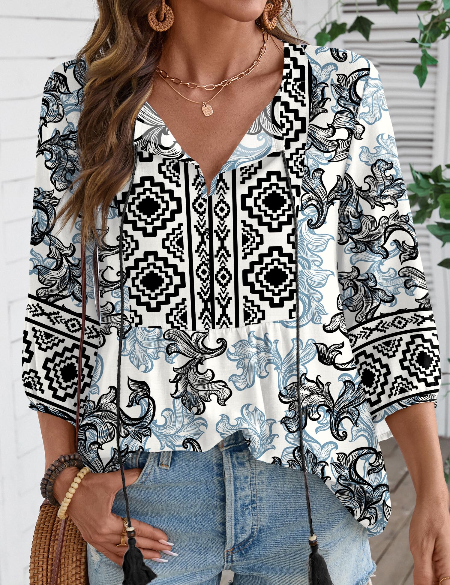 Rapbin Women Summer Boho Tops 3/4 Sleeve Pleated Blouses Casual V Neck Tie Front Spring Tunic Tops