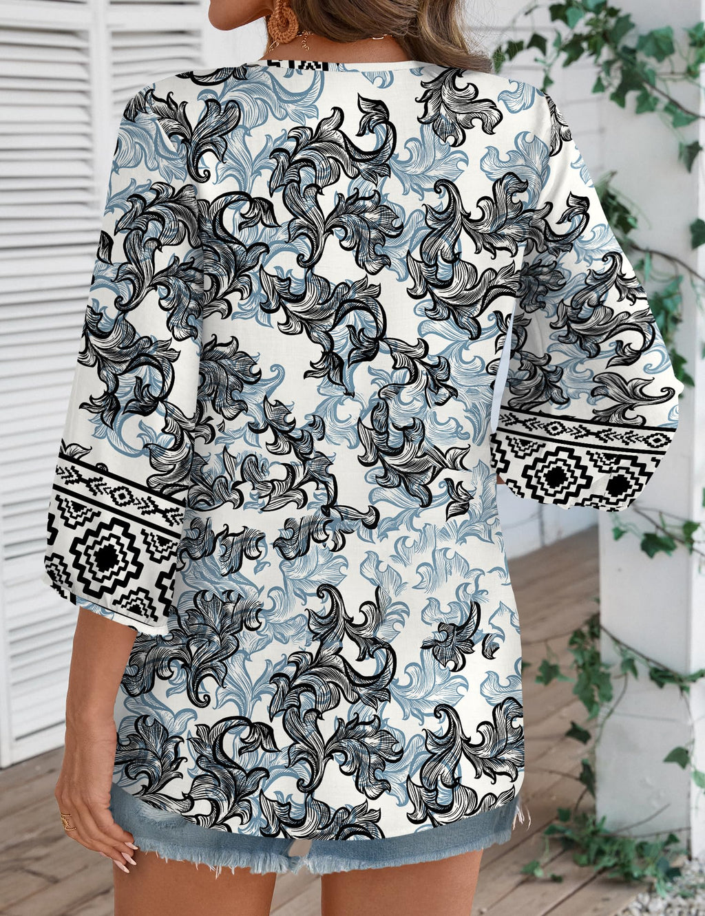 Rapbin Women Summer Boho Tops 3/4 Sleeve Pleated Blouses Casual V Neck Tie Front Spring Tunic Tops
