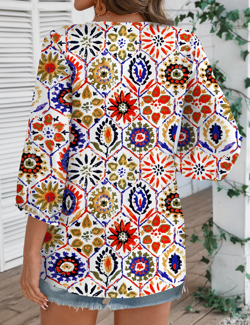 Rapbin Women Summer Boho Tops 3/4 Sleeve Pleated Blouses Casual V Neck Tie Front Spring Tunic Tops