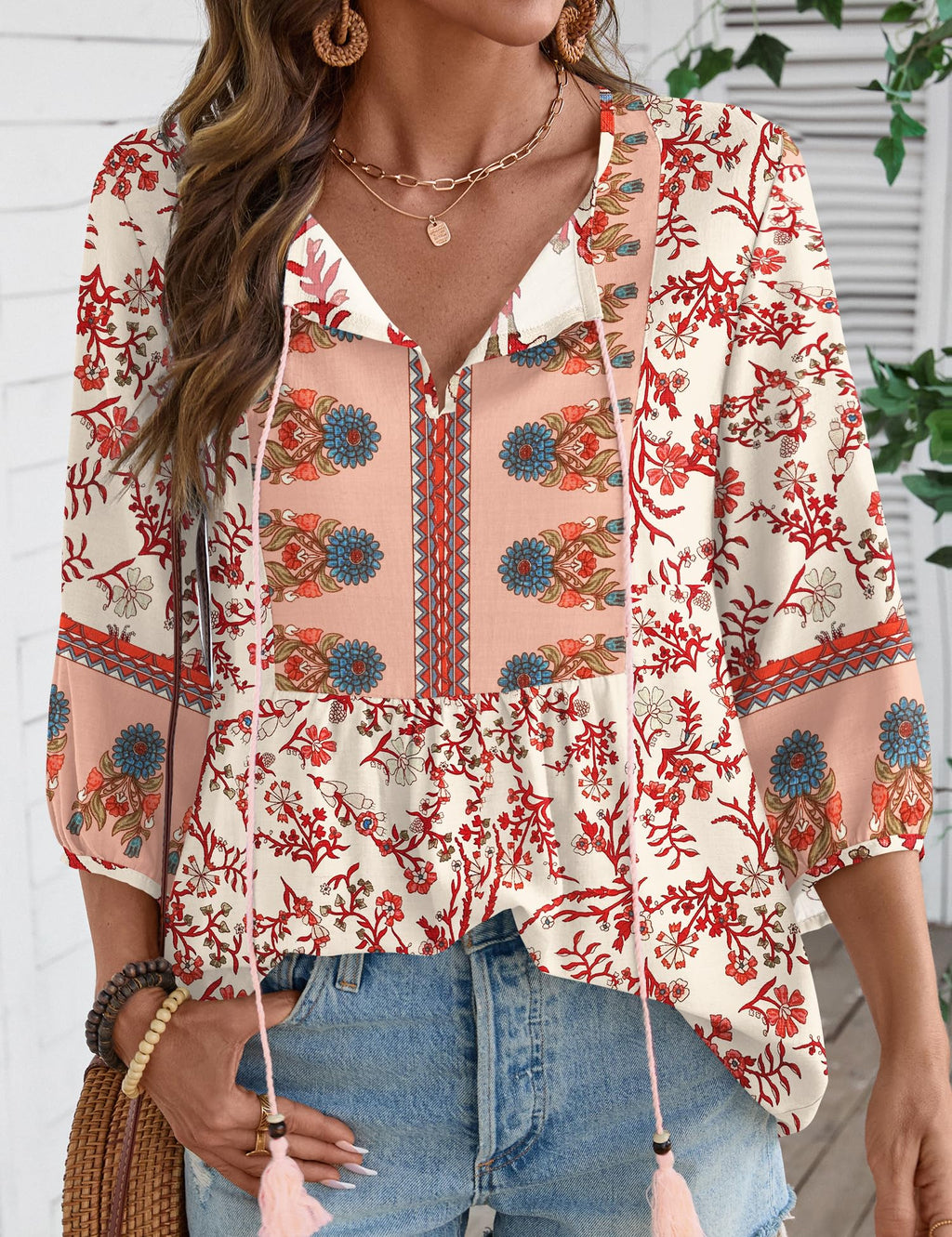Rapbin Women Summer Boho Tops 3/4 Sleeve Pleated Blouses Casual V Neck Tie Front Spring Tunic Tops