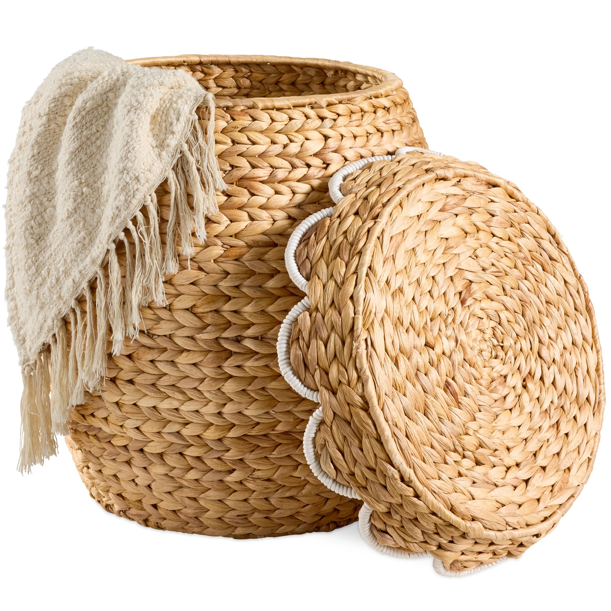 Best Choice Products Scalloped Multipurpose Hyacinth Storage Basket, Plant Décor, Handwoven Organizer Tote for Bedroom, Living Room, Nursey, w/Lid - Chestnut