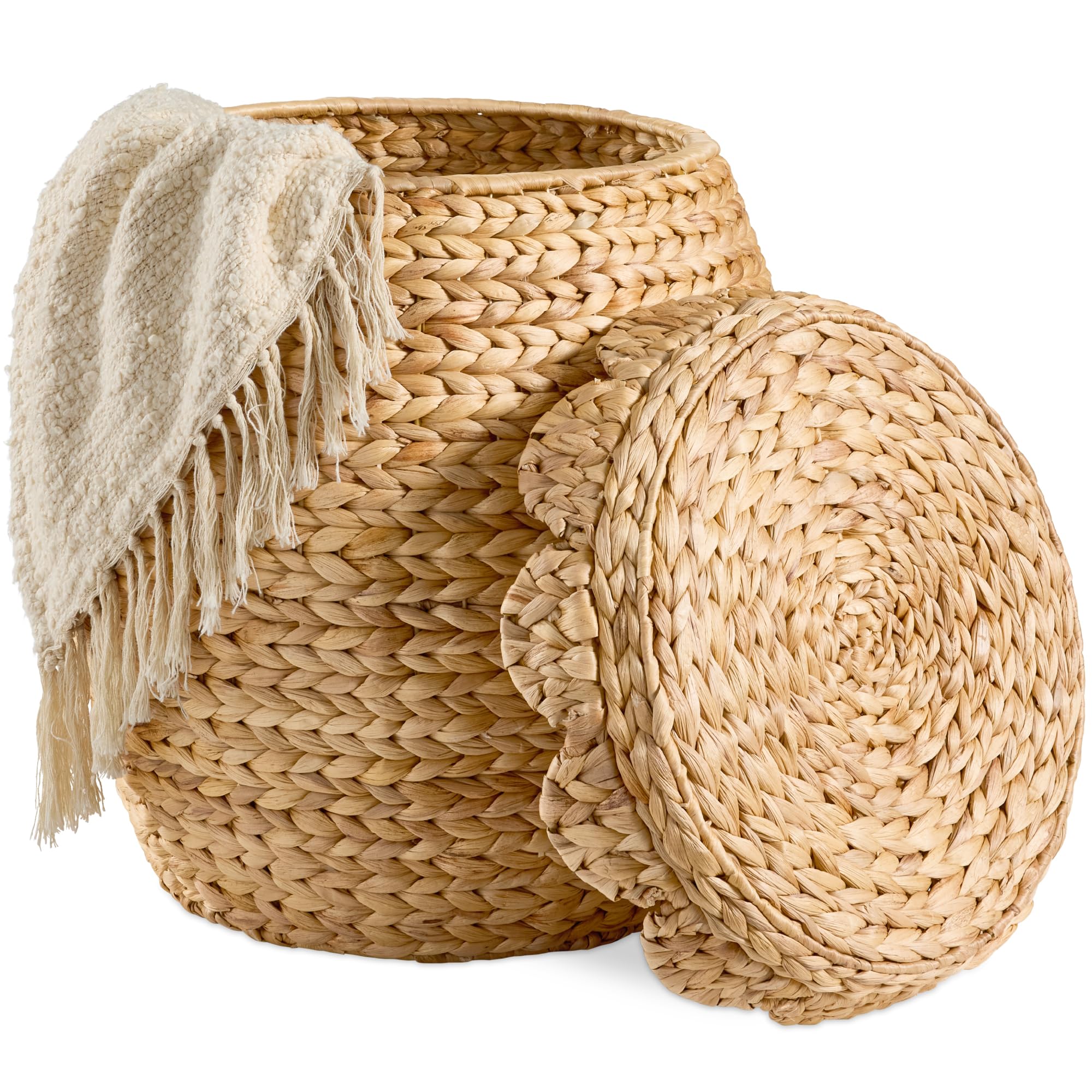 Best Choice Products Scalloped Multipurpose Hyacinth Storage Basket, Plant Décor, Handwoven Organizer Tote for Bedroom, Living Room, Nursey, w/Lid - Chestnut