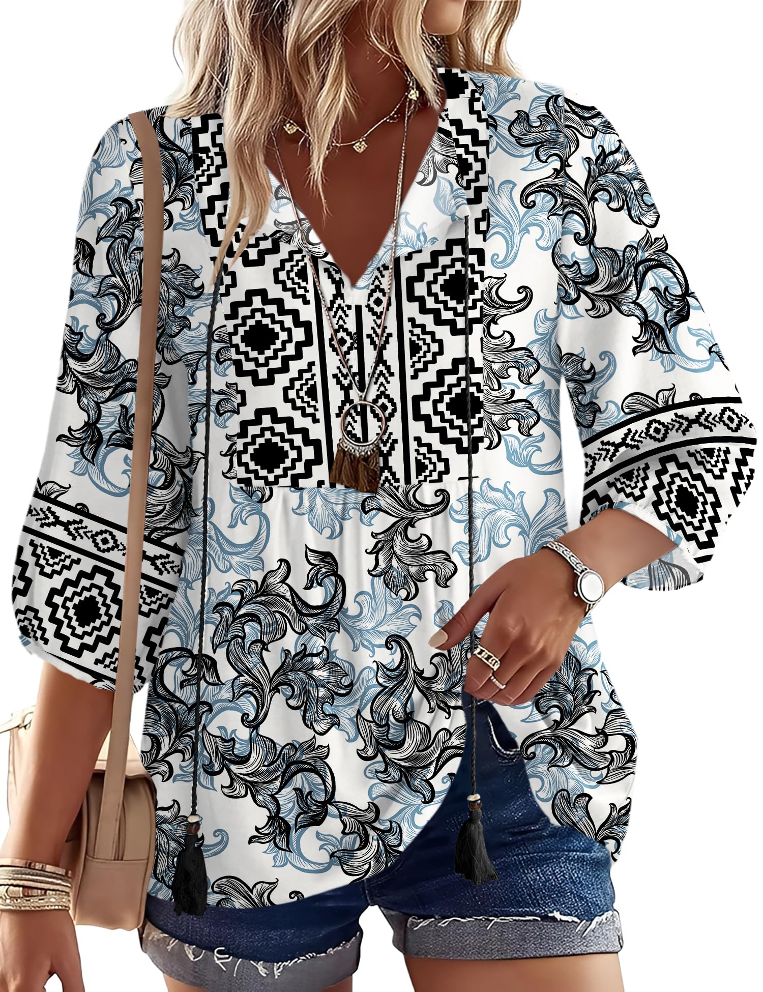 Rapbin Women Summer Boho Tops 3/4 Sleeve Pleated Blouses Casual V Neck Tie Front Spring Tunic Tops