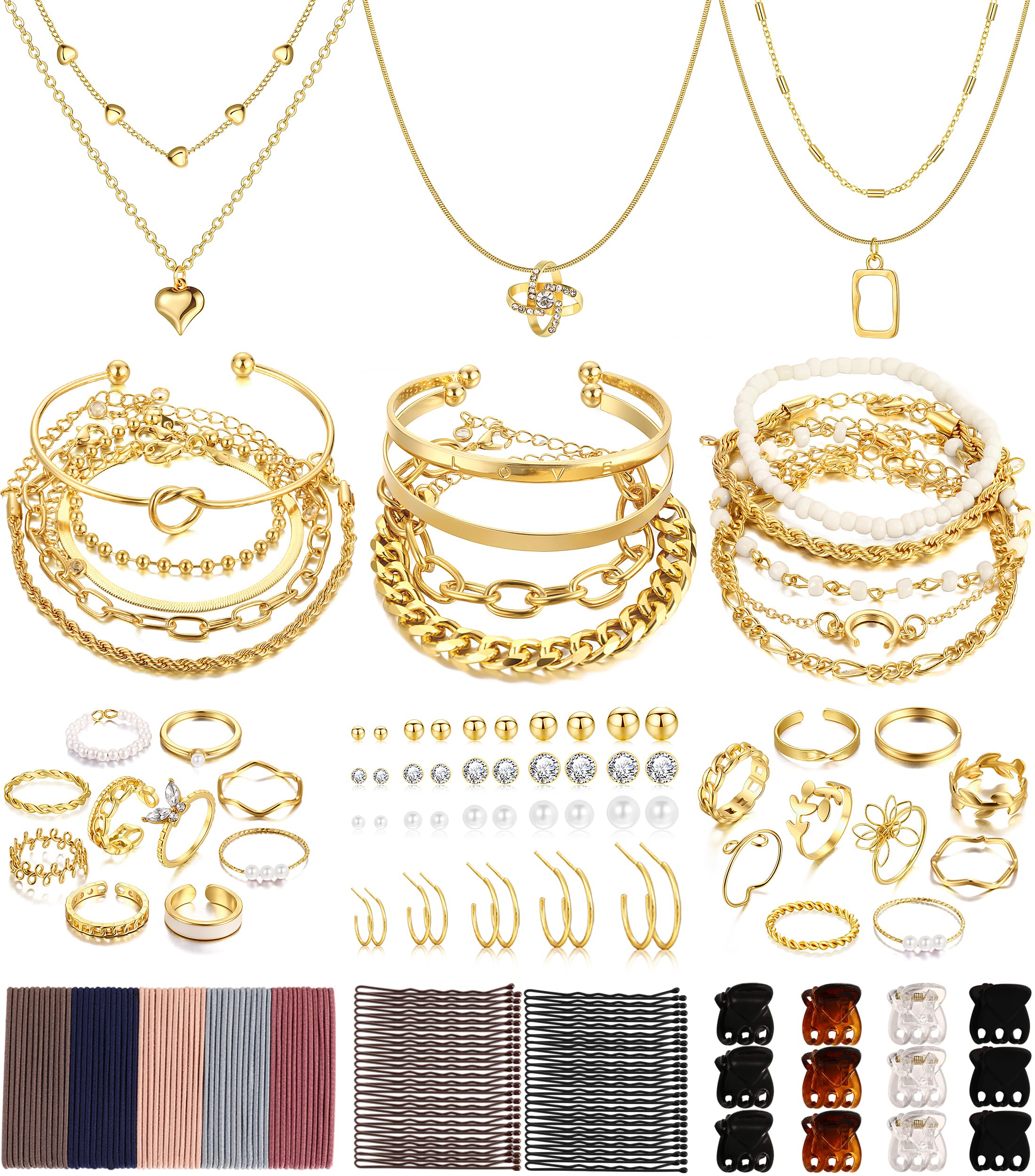 FAXHION 68 Pcs Gold Jewelry Set for Women with 7 Necklace, 17 Bracelet, 5 Hoop Earrings, 15 Stud Earrings, 24 Knuckle Rings for Women Jewelry Set for Women
