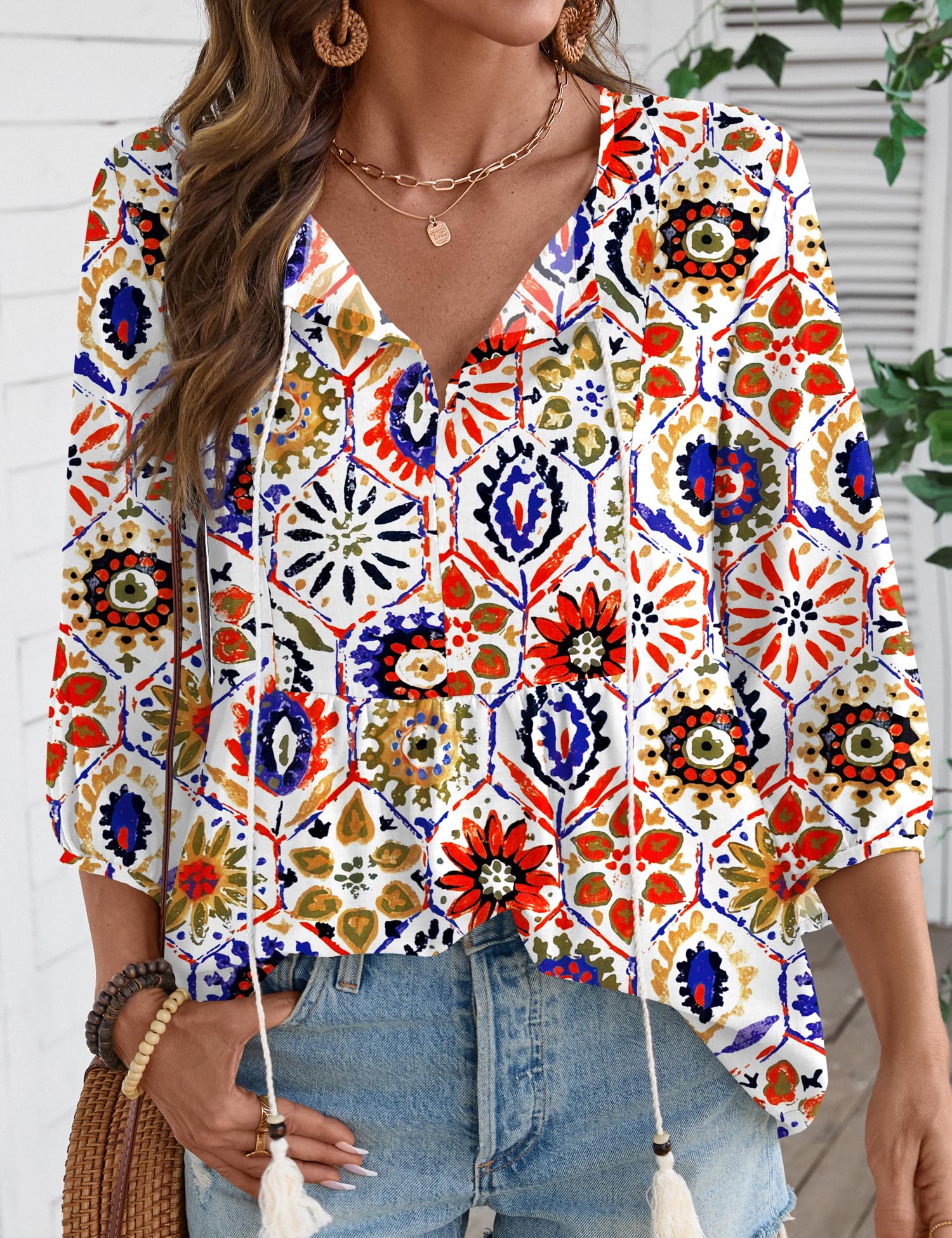 Rapbin Women Summer Boho Tops 3/4 Sleeve Pleated Blouses Casual V Neck Tie Front Spring Tunic Tops