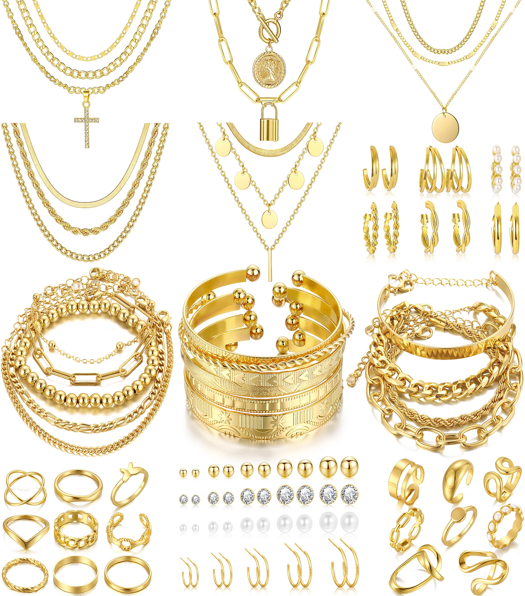 FAXHION 68 Pcs Gold Jewelry Set for Women with 7 Necklace, 17 Bracelet, 5 Hoop Earrings, 15 Stud Earrings, 24 Knuckle Rings for Women Jewelry Set for Women