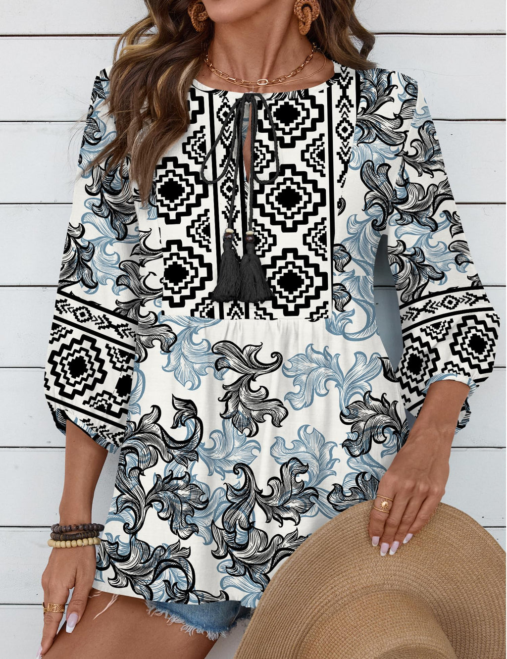 Rapbin Women Summer Boho Tops 3/4 Sleeve Pleated Blouses Casual V Neck Tie Front Spring Tunic Tops
