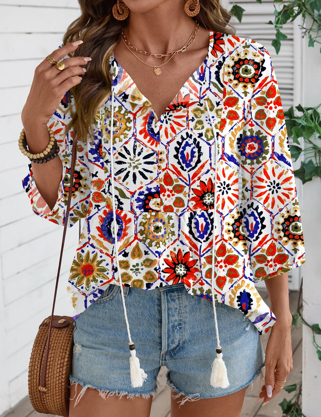Rapbin Women Summer Boho Tops 3/4 Sleeve Pleated Blouses Casual V Neck Tie Front Spring Tunic Tops