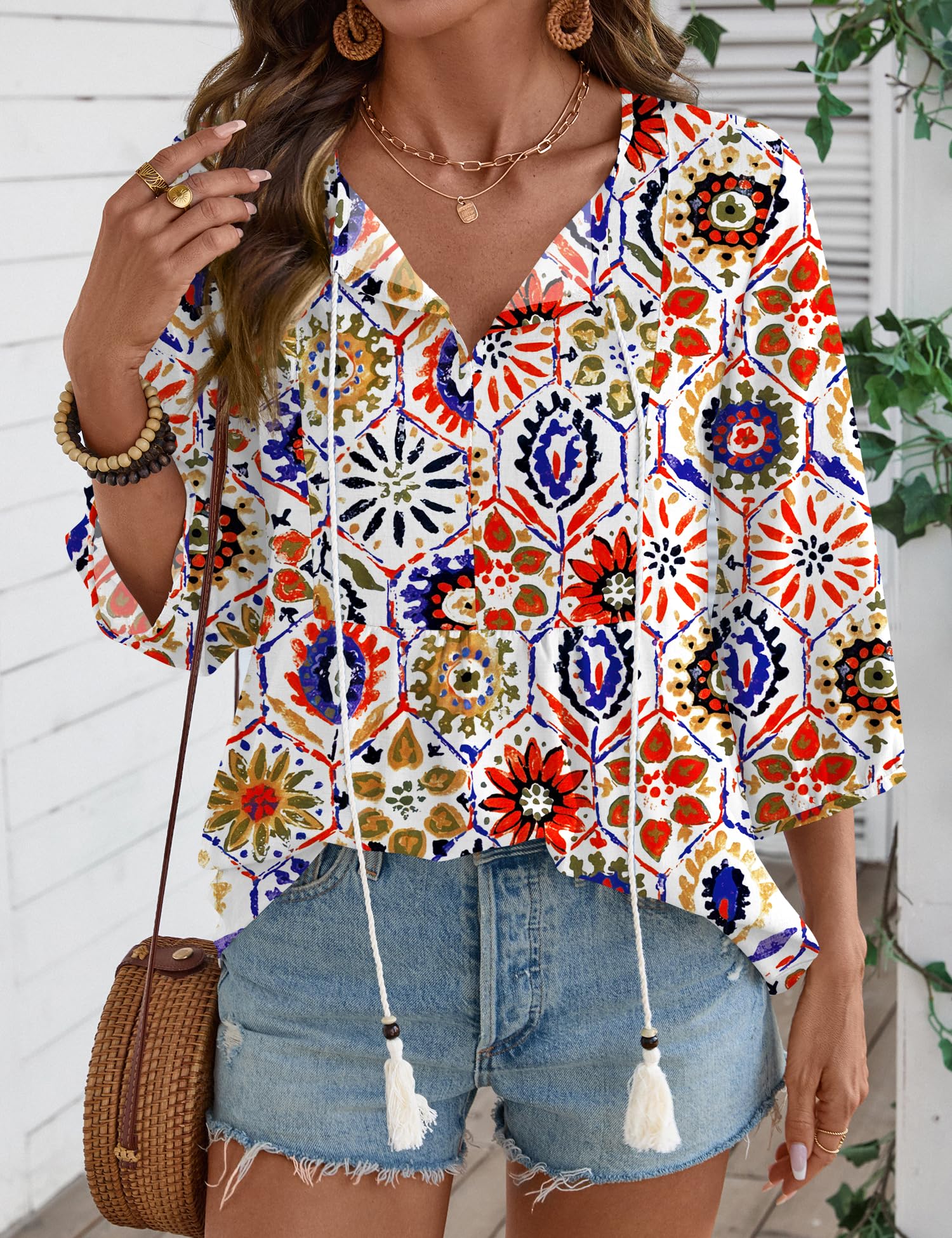 Rapbin Women Summer Boho Tops 3/4 Sleeve Pleated Blouses Casual V Neck Tie Front Spring Tunic Tops