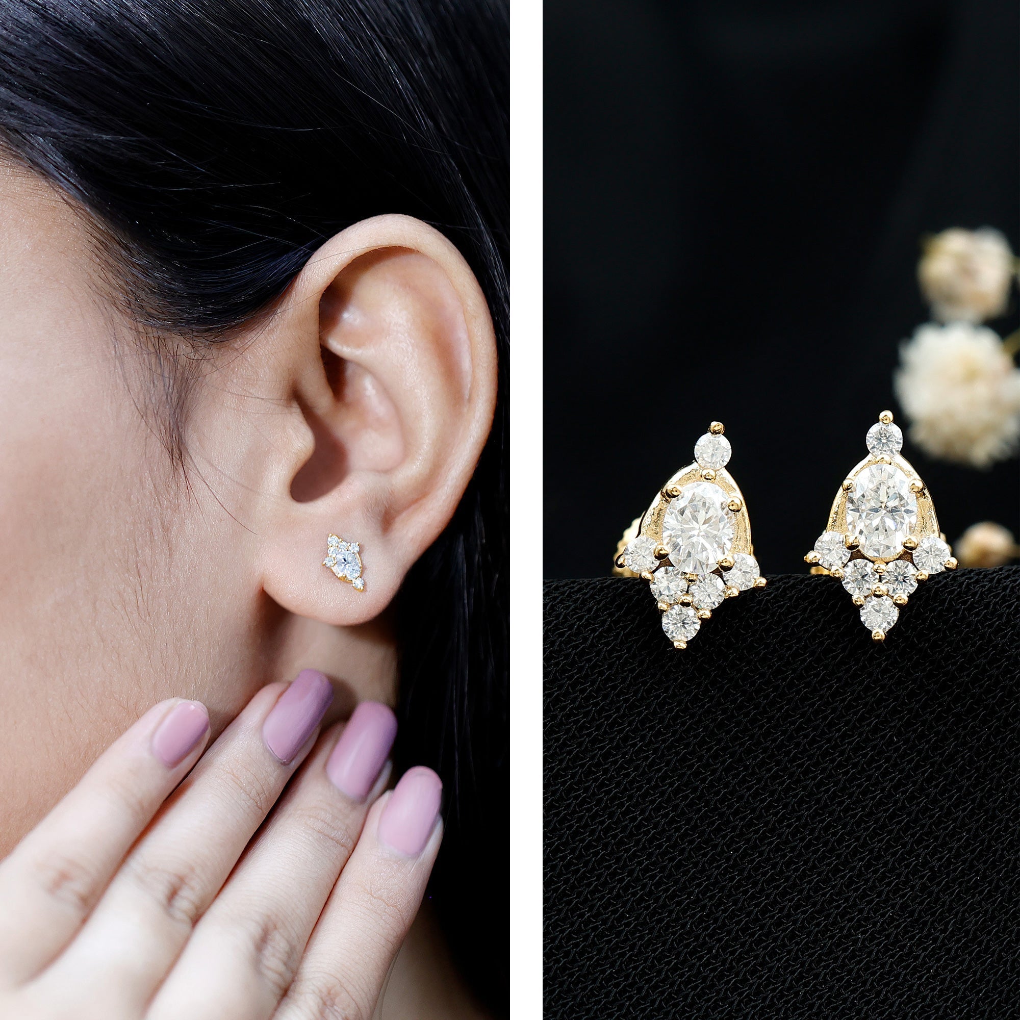 Certified Moissanite Stud Earrings in Yellow Gold Plated Silver