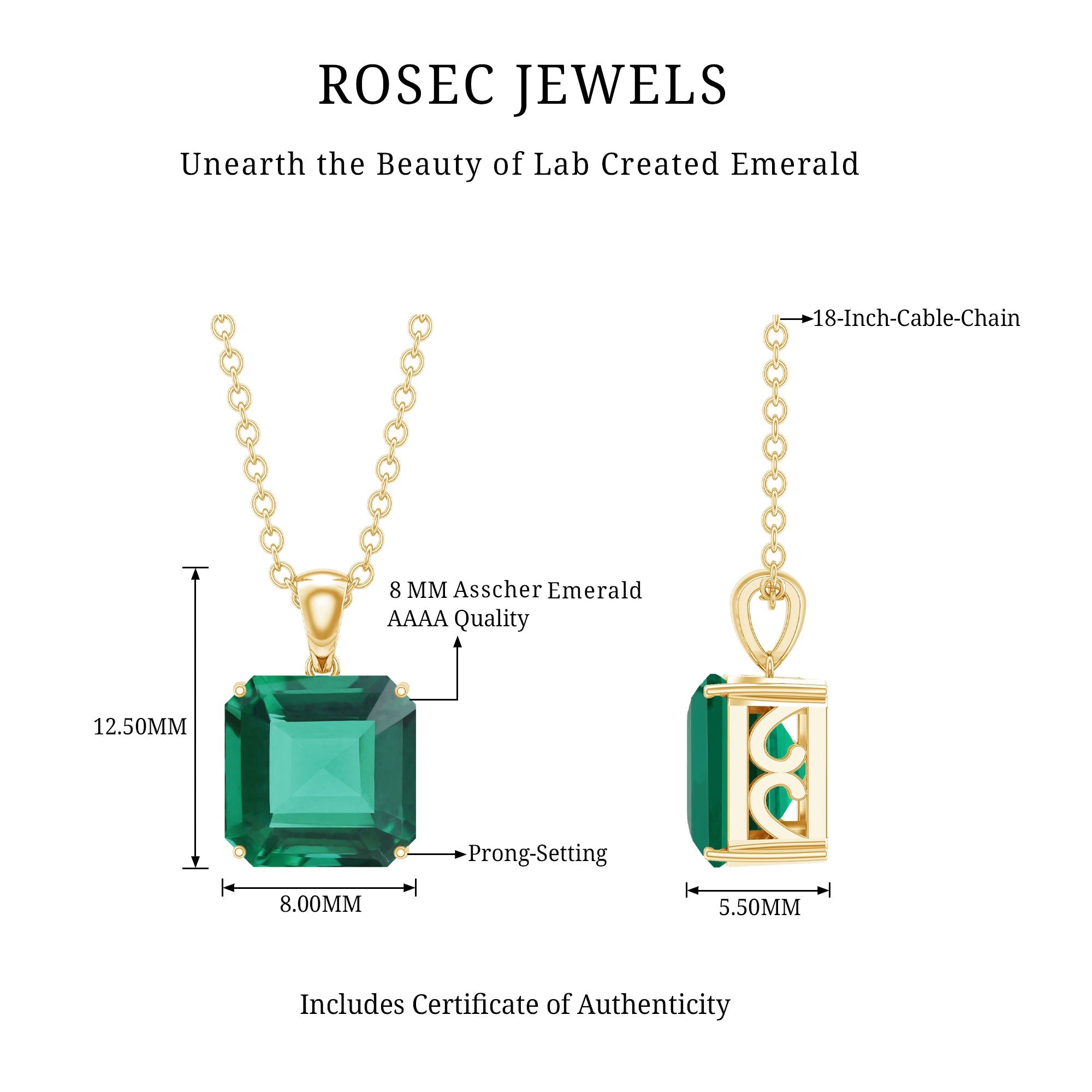 Certified 6 Carat Asscher Cut Lab Created Emerald Solitaire Pendant with Silver Chain