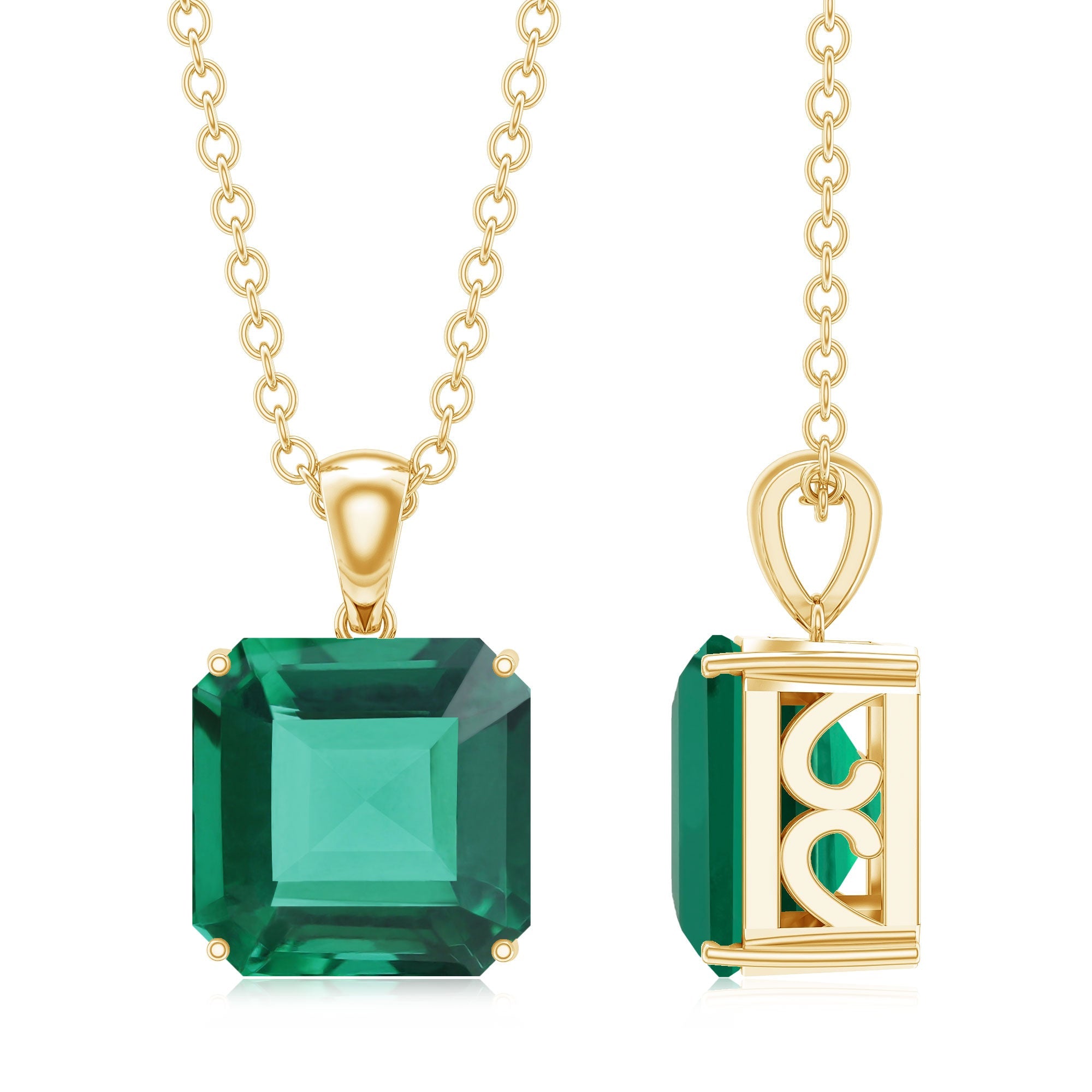 Certified 6 Carat Asscher Cut Lab Created Emerald Solitaire Pendant with Silver Chain