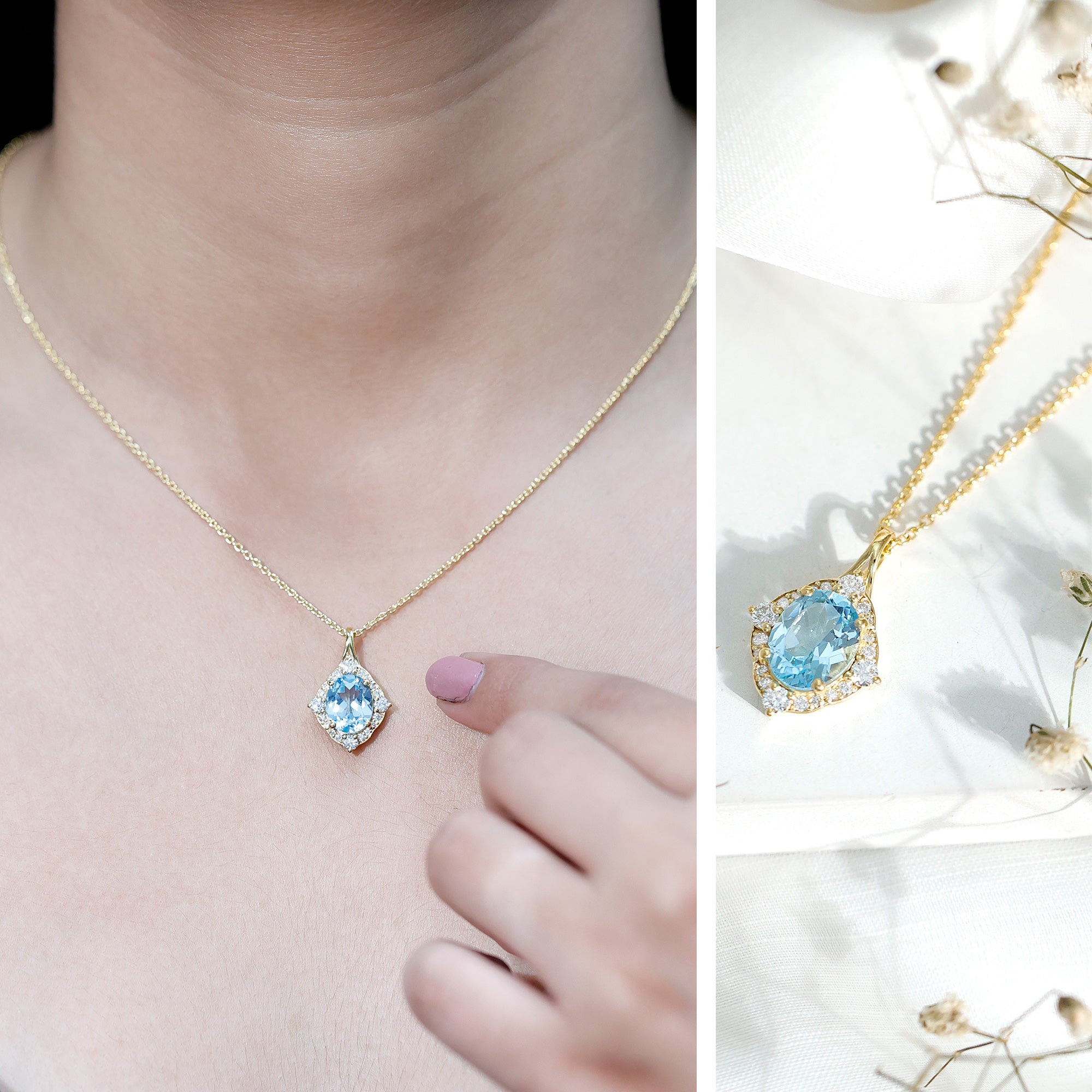 Vintage Style Sky Blue Topaz Diamond Halo Necklace