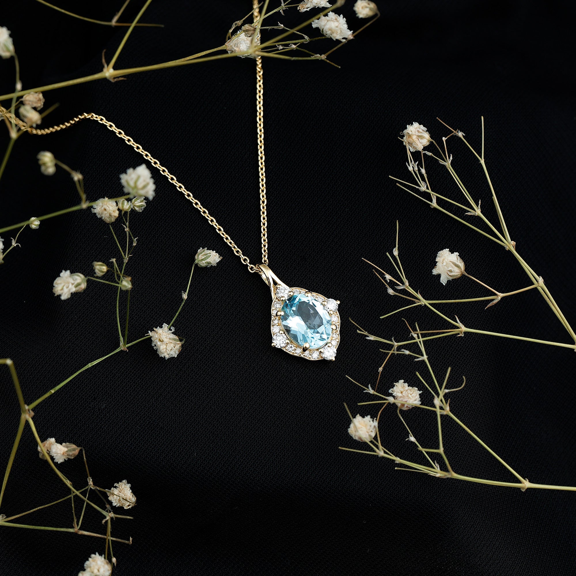 Vintage Style Sky Blue Topaz Diamond Halo Necklace