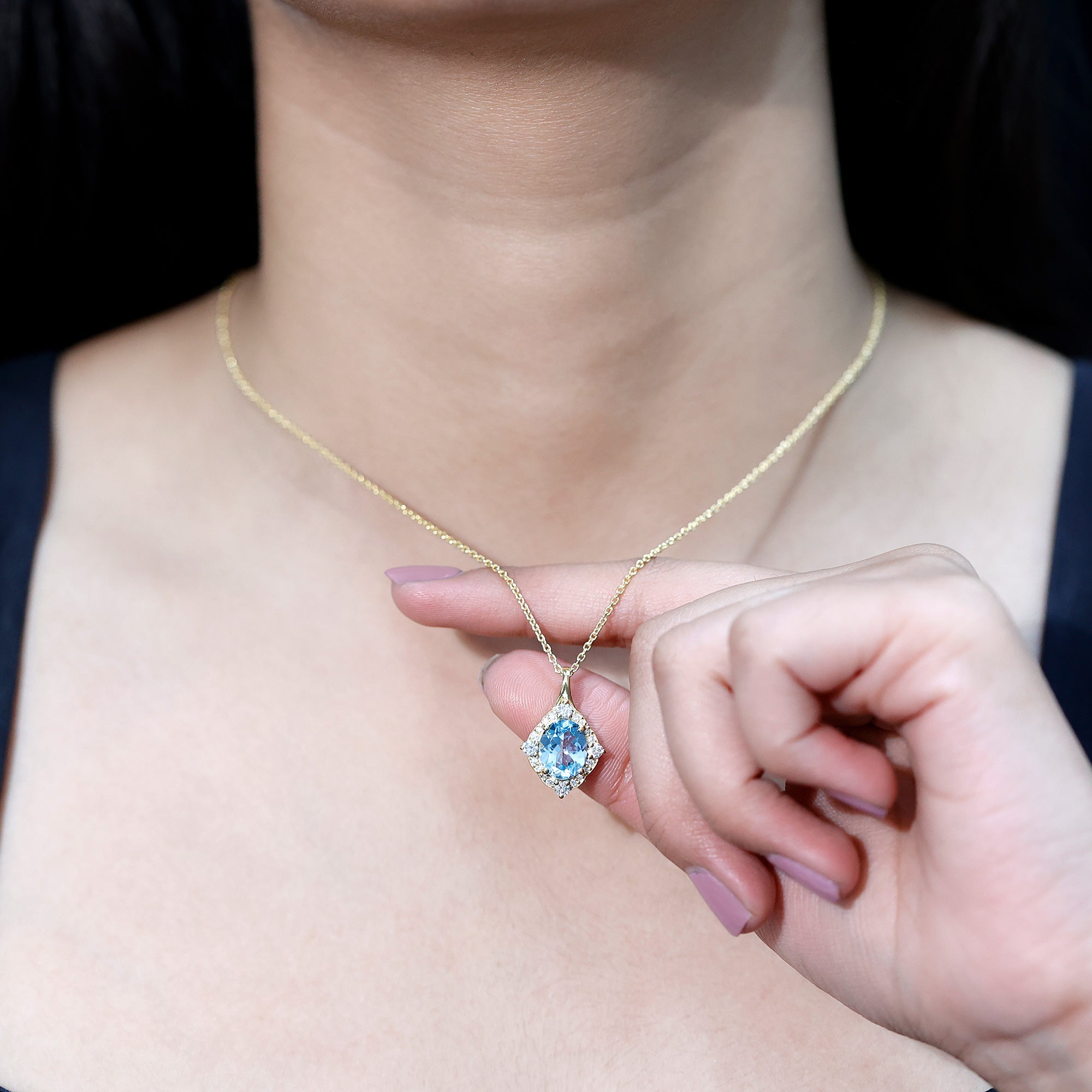 Vintage Style Sky Blue Topaz Diamond Halo Necklace
