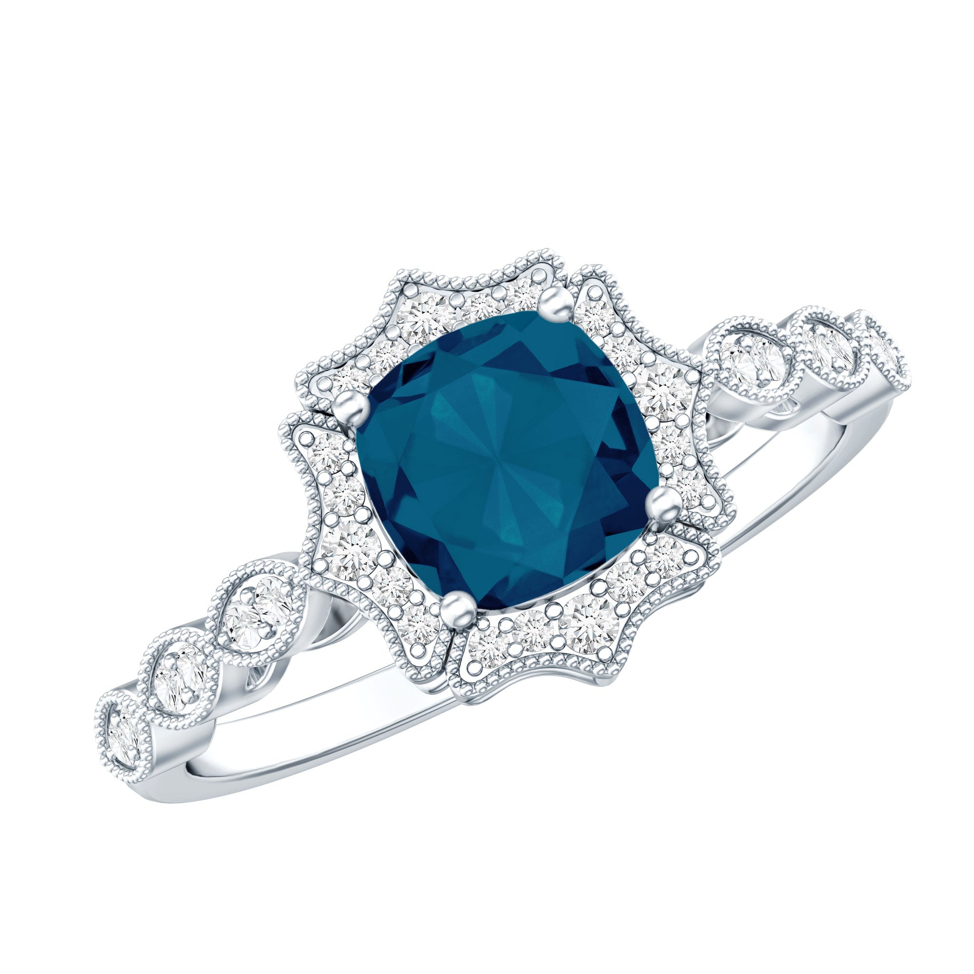 Genuine London Blue Topaz Antique Looking Engagement Ring in Silver