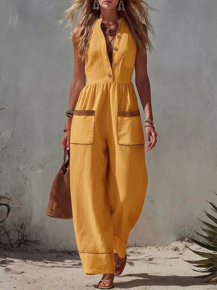 Women's Sleeveless Wide-Leg Jumpsuit – Loose Fit, V-Neck, Cotton Linen